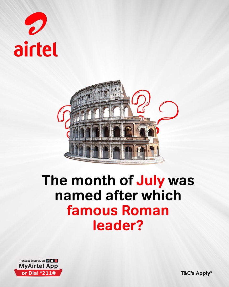 AirtelMalawiPlc's tweet photo. Did you know that the month of July was named after a popular Roman empire leader?

Who was this month named after?

Let us know in the comments - the first 100 correct answers before 10pm today will win a Weekly 2.2GB MoFaya bundle!

#Airtel #Trivia https://t.co/EgGBXMw0Ey