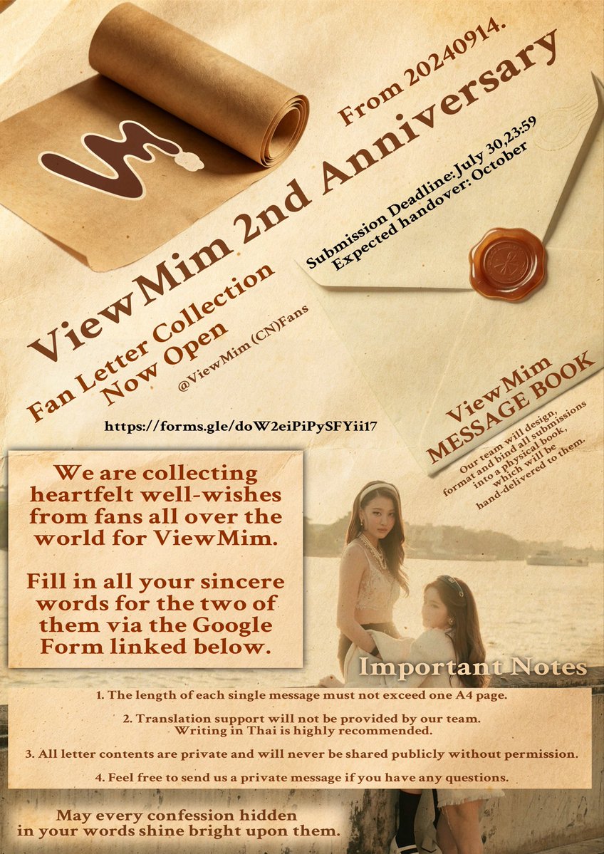 vimilinvm's tweet photo. ViewMim 2nd Anniversary Letter Collection ✨

Send your heartfelt wishes via Google Form; we’ll compile all letters into a book for them.（https://t.co/MFsojMvEXa）

⏰ Deadline: July 30, 23:59（Estimated delivery: October）

#ViewMim #วิวมิ้ม https://t.co/nV61EBuUFk