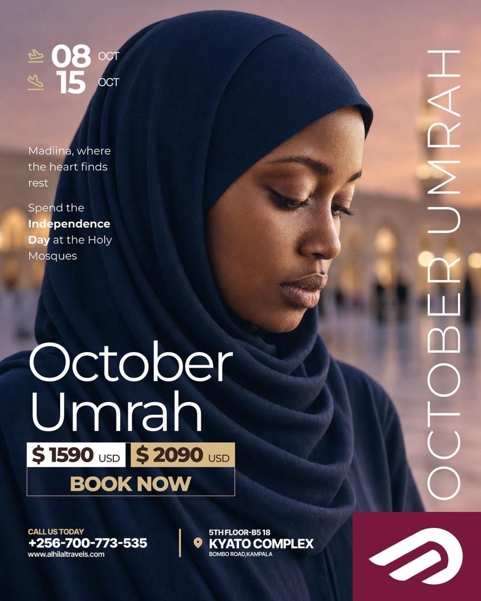 alhilal_travels's tweet photo. This Independence Day, celebrate where the heart finds true peace. 🕋

Spend Uganda’s Independence Day in the Holy Mosques of Makkah and Madinah on a journey of worship, reflection and renewal.

🗓 08th - 15th October
💰 Deluxe: $1,590 | Premium: $2,090

📞 Bookings are ongoing: +256 700 773 535
📍 Kyato Complex, Bombo Road, Kampala

Reserve your seat today.