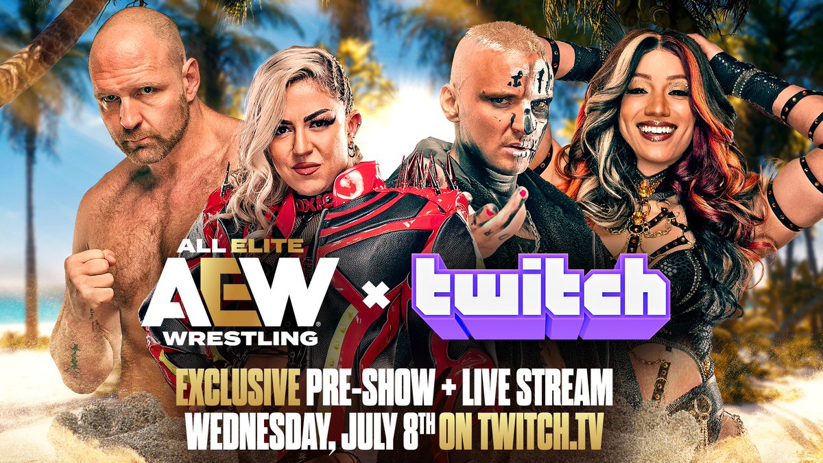 AEWonTV's tweet photo. All Elite Wrestling and Twitch are partnering to get YOU closer to the action during Beach Break!

What happens when two creators help you get ready for #AEWDynamite Beach Break AND get you front-row access to the action as we are LIVE!? https://t.co/ioC8j0Fizn