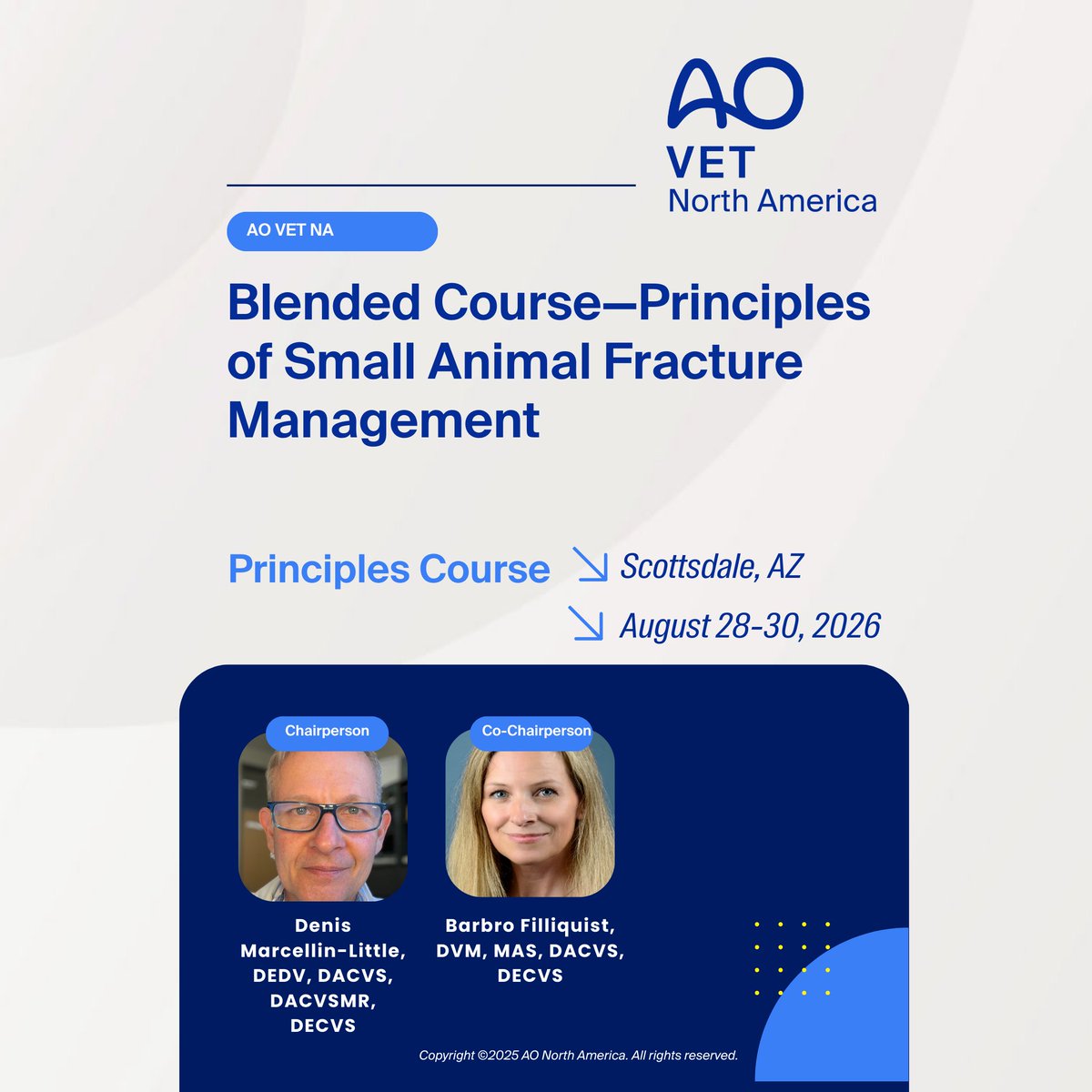aovetna's tweet photo. AO VET NA Blended Course — Principles of Small Animal Fracture Management
📍 Scottsdale, AZ | Aug 28–30, 2026
Blended format: required online coursework + in-person lectures, labs &amp; discussions on fracture management, fixation, grafting &amp; bone healing.
🔗 https://t.co/YbZ77ZMVbH https://t.co/O1hUDbbD3e