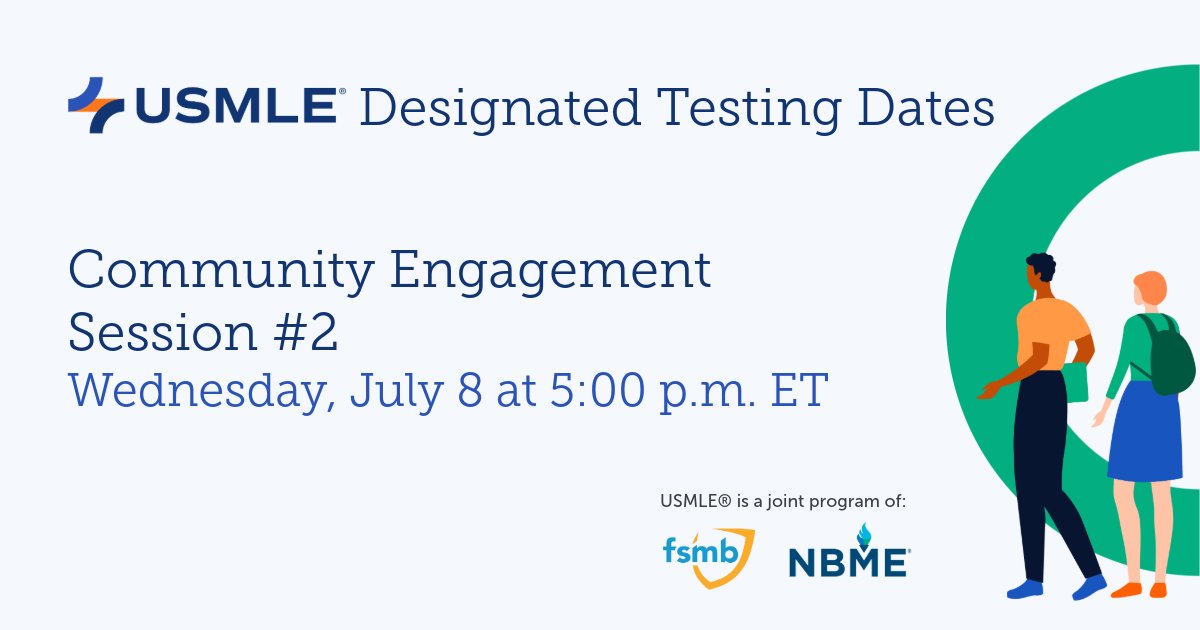 TheUSMLE's tweet photo. 🗓️ Join our next Community Engagement Session on the transition to Designated Testing Dates tomorrow at 5:00 p.m. ET. These virtual sessions are an opportunity to learn more about Designated Testing Dates and to ask questions of USMLE staff. https://t.co/WESOoGNaDE #USMLE https://t.co/SPh72vSly2