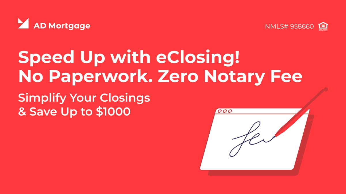 ad_mortgage's tweet photo. Speed up with eClosing. 
No paperwork. Zero notary fee. 

We're making closings simpler for eligible Fannie Mae and Freddie Mac loans with an eClosing option in AIM Partner Portal. Here's what you'll get:  

• Fully electronic closing process
• The entire loan package is signed online, including the Note
• No notary fee – covered by AD Mortgage
• Saving your borrowers up to $1,000 on eligible loans.
• A simpler, more streamlined closing experience
• Available for both new submissions and loans already in the pipeline
• The offer applies to Fannie Mae / Freddie Mac loans
• In all states except AL, CA, CT, DC, GA, MS, SC, SD, USVI

Who gets the most out of eClosing:

✔ Refinance scenarios
✔ Borrowers looking for a more convenient way to close
✔ Clients located abroad

How to apply:
1. Submit Fannie/Freddie loan in AIM
2. Once CTC, go to AIM > Loan > Actions > Schedule Closing
3. We let you know one day prior to closing if we can proceed with eClosing
4. Questions? Send an email to closing@admortgage.com with "eClosing" as the subject and your Loan Number

Simplify your next closing.
🔻 Get details and request eClosing today: https://t.co/RQXIdu76SY
