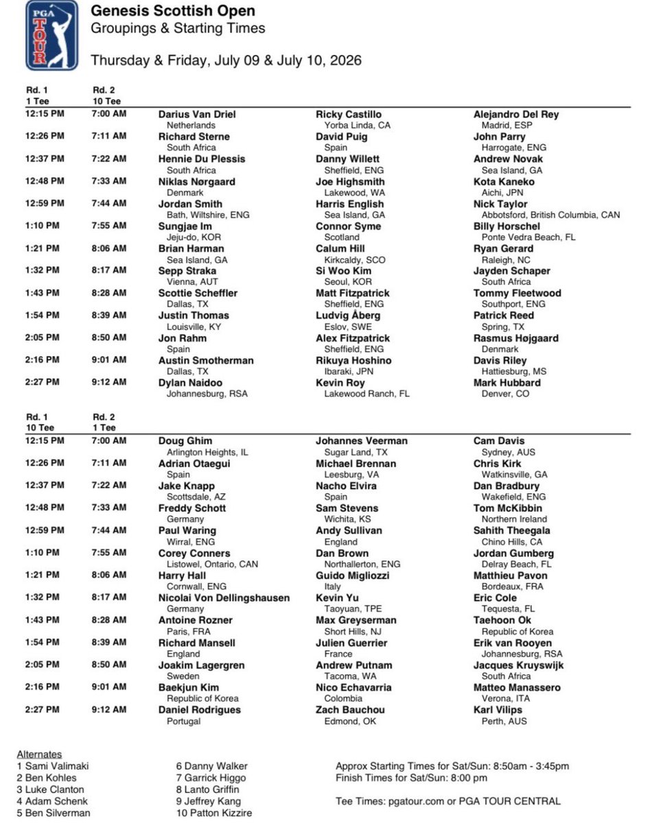 JTLegion_'s tweet photo. 🚨⛳️#TEETIMES are out for the @ScottishOpen.  Will be late Thursday and early Friday.

1:54PM EST Round 1
8:54AM EST Round 2 https://t.co/91igu2tW5F
