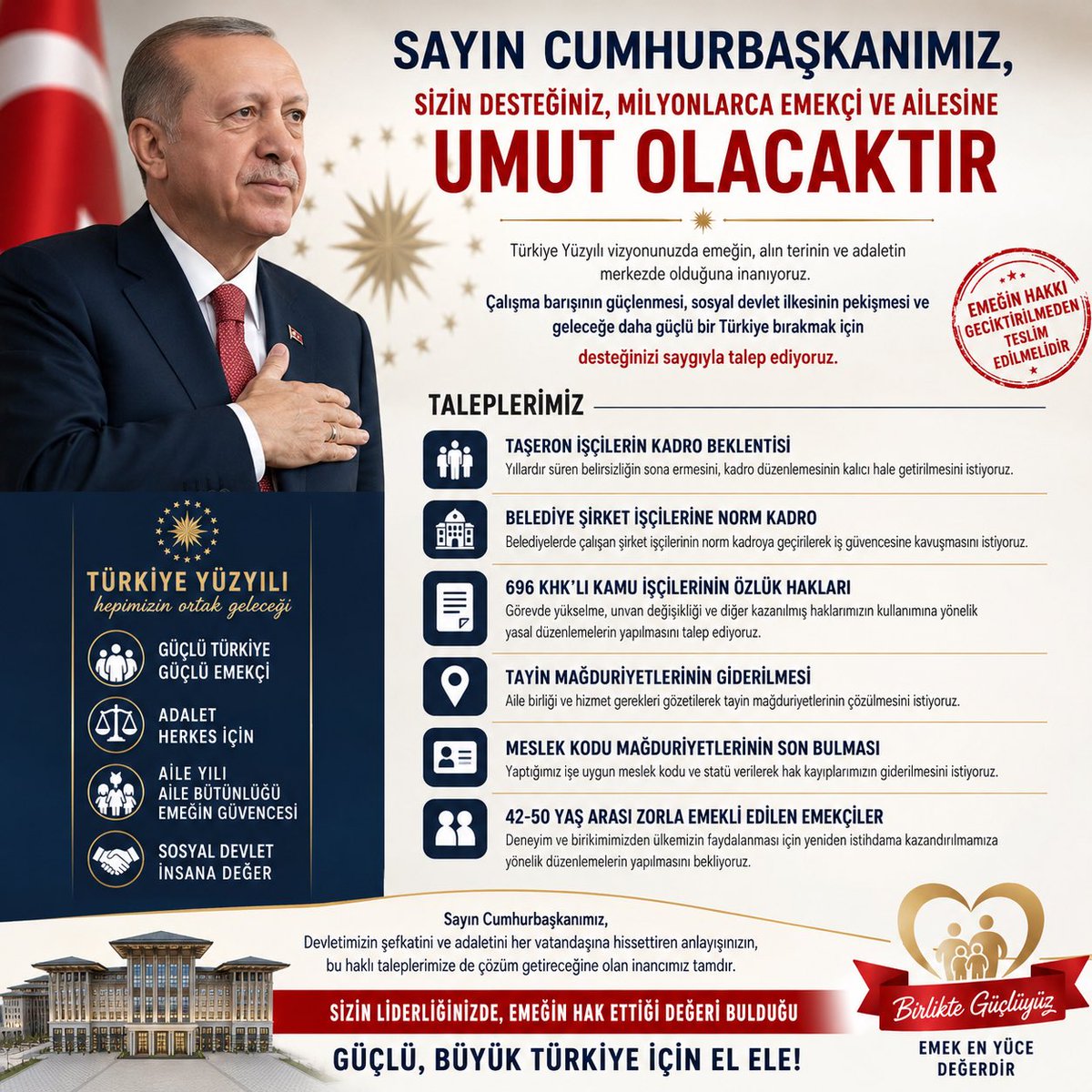 tlnozr44's tweet photo. Sayın Cumhurbaşkanım , 

Türkiye Yüzyılı vizyonunun; adaletin, sosyal devlet anlayışının ve güçlü kamu yönetiminin daha da pekiştiği bir dönem olacağına yürekten inanıyoruz.

Bugüne kadar milletimizin beklentilerine yönelik ortaya koyduğunuz irade, pek çok sorunun çözümüne vesile olmuştur. 

Aynı kararlılığın, yıllardır çözüm bekleyen kamu emekçilerinin haklı taleplerine de umut olacağına inanıyor; desteklerinizi saygıyla talep ediyoruz.

Bu kapsamda;

✅ Taşeron işçilerimizin kadro beklentisinin karşılanması,
✅ Belediye şirket işçilerine norm kadro düzenlemesinin hayata geçirilmesi,
✅ 696 KHK kapsamında kamu işçisi olan çalışanların özlük hakları, görevde yükselme, unvan değişikliği ve diğer kazanılmış haklarını kullanabilmelerini sağlayacak yasal düzenlemelerin yapılması,
✅ Tayin mağduriyetlerinin aile bütünlüğü ve hizmet gerekleri gözetilerek çözüme kavuşturulması,
✅ Meslek kodu mağduriyetlerinin giderilmesi,
✅ 42–50 yaş aralığında çalışma hayatından koparılan emekçilerimizin bilgi ve tecrübelerinden ülkemizin yeniden faydalanmasını sağlayacak düzenlemelerin hayata geçirilmesi,

çalışma barışını güçlendirecek, kamu hizmetlerinin verimliliğini artıracak ve sosyal devlet ilkesini daha da sağlamlaştıracaktır.

Sayın Cumhurbaşkanım, 

Devletimizin şefkatini ve adaletini her vatandaşına hissettiren bir yönetim anlayışının, bu mağduriyetleri de gidereceğine olan inancımız tamdır. 

Milyonlarca emekçi ve ailesi, bu konuda en büyük umudu sizlerin güçlü iradesinde görmektedir.

Türkiye Yüzyılı’nın; emeğin karşılığını aldığı, hiçbir çalışanın kendisini dışlanmış hissetmediği, hakkın ve adaletin herkes için eksiksiz tesis edildiği bir yüzyıl olması en büyük temennimizdir.

Zatıâlinizin desteğiyle; 
taşeron işçilerimizin, belediye şirket işçilerimizin, 696 KHK’lı kamu işçilerimizin, tayin mağdurlarının, meslek kodu mağdurlarının ve çalışma hayatından koparılan emekçilerimizin sesi olacağınıza olan inancımızla, taleplerimizi yüksek takdirlerinize saygıyla arz ediyoruz.

#TaşeronaKadro
#EmekçiBelediyeŞirketİşçileri 
#696khklıKamuİşçileri
#Tayin
#MeslekKodu
#ZorunluEmekliyeİşeİadeHakkı