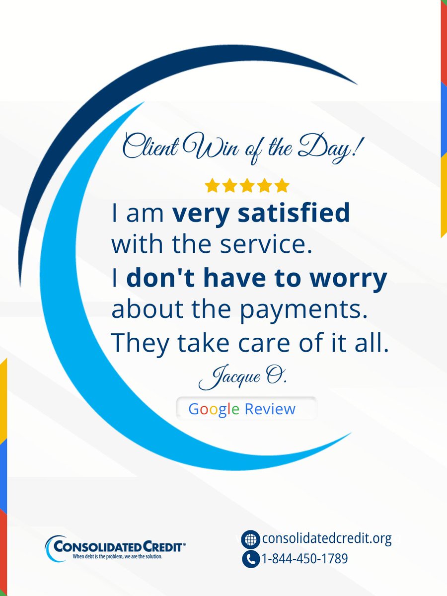 ConsolidatedUS's tweet photo. 👏Client Win of the Day! #DebtRelief🙏
🙌We’ve helped over 10 million people find the #DebtRelief they needed to breathe easier. 

#ReviewoftheDay #GoogleReviews #DebtSucks #ConsolidatedCredit ☎️1-844-450-1789 https://t.co/kKLd9aI3GJ