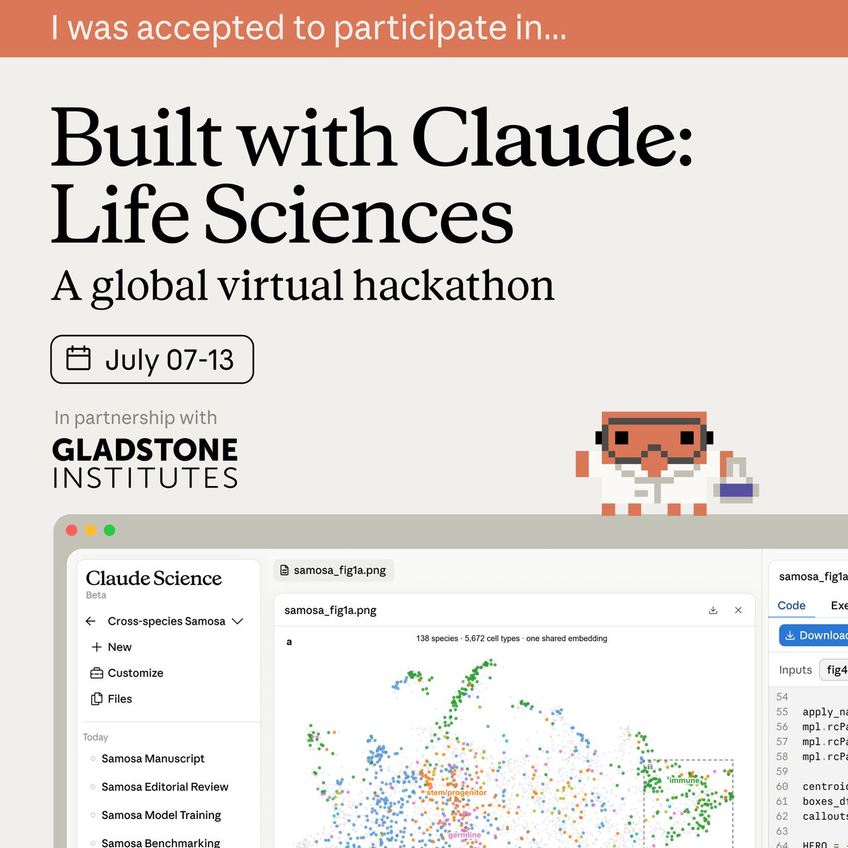 MElRefaiy2018's tweet photo. Excited to be part of Built with Claude: Life Sciences — a global virtual hackathon hosted by @AnthropicAI and @GladstoneInst, July 7–13.
Looking forward to pushing on what AI can do for biology and life sciences. More to come. https://t.co/6XYJkvP8h7