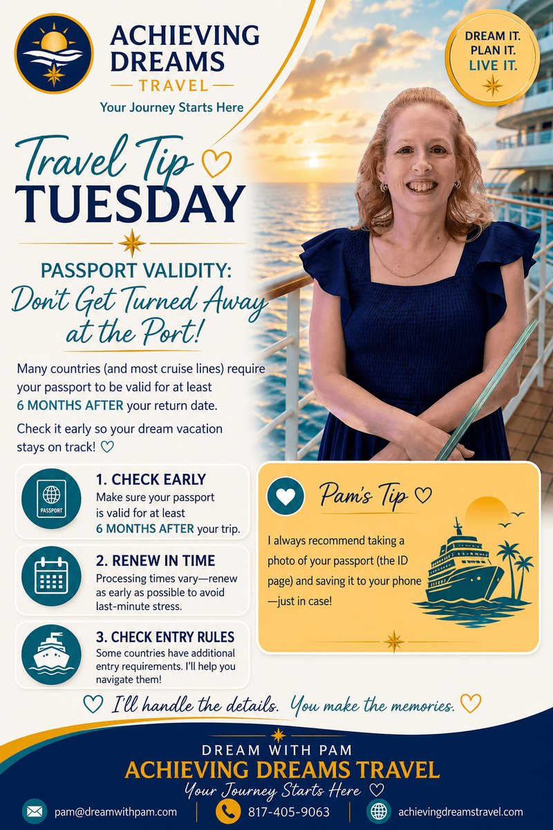 haston_pam's tweet photo. ✈️ One of the simplest travel tips I share: check your passport expiration date before you plan your vacation. Many destinations require 6 months of validity after your return. A little planning goes a long way!💙 #TravelTipTuesday #DreamWithPam #TravelTips #achievingdreamstravel https://t.co/FHlFqjLsm4