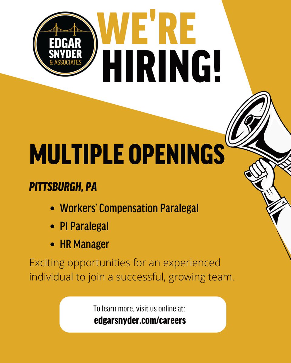 edgarsnyder's tweet photo. We're looking to make some new additions to our team and our looking for talented individuals to fill the following roles:

Workers' Compensation Paralegal
Personal Injury Paralegal
Human Resources Manager

Please visit https://t.co/VNVWhOIzqr for more info https://t.co/XrolLqnY2M