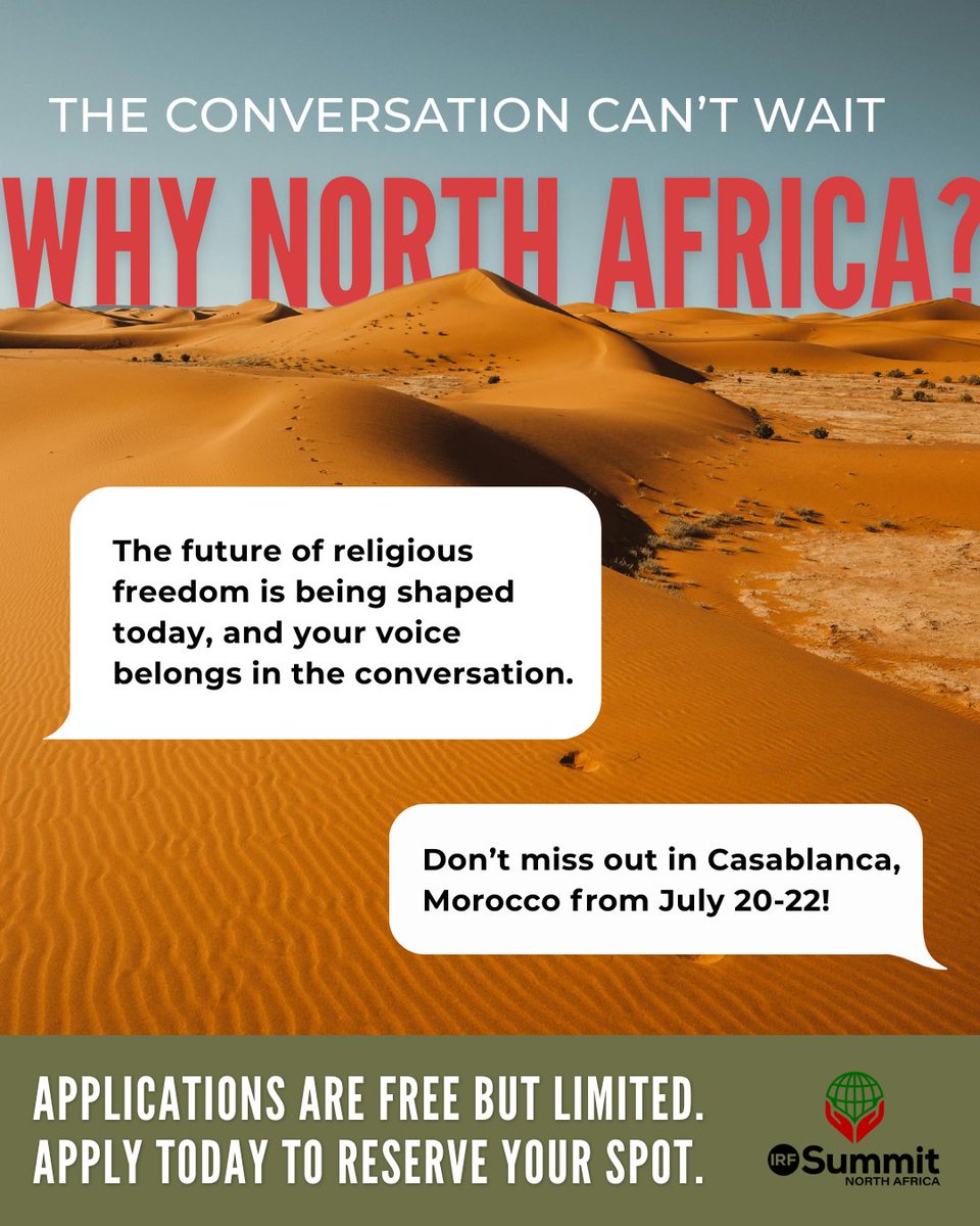 IRFSummit's tweet photo. #IRFSummitNorthAfrica kicks off in just a few weeks! 

We are excited to welcome religious freedom advocates, scholars, local leaders, and faith communities to Africa's biggest interfaith religious freedom event. 

So why North Africa? 

❌ Egypt continues to leverage restrictions on religious minorities, blasphemy prosecutions, and persecution against Coptic Christians, Baha'is, and others.
❌ Ahmadi Muslims and protestant Christians continue to face church closures and restrictions in Algeria.
❌ In Tunisia, constant pressure on religious minorities on issues surrounding conversion and apostasy. 

... among other #FoRB issues, which will be discussed. 

Learn more at https://t.co/NAaPvwdbYH!