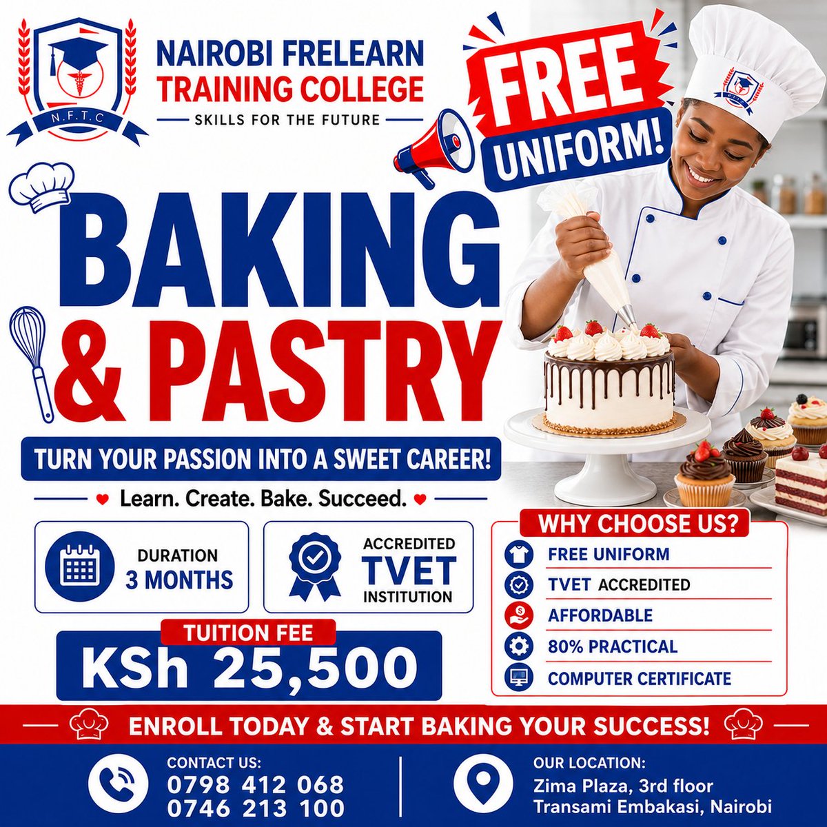 FreLearnCollege's tweet photo. 🎓 BAKING &amp; PASTRY COURSE

Turn your passion for baking into a profitable skill with our hands-on Baking and Pastry course, designed for employment, entrepreneurship, and self-employment. 
 
📞 CALL / WHATSAPP 
📲 0798 412 068 | 0746 213 100 https://t.co/iky0XYbSed