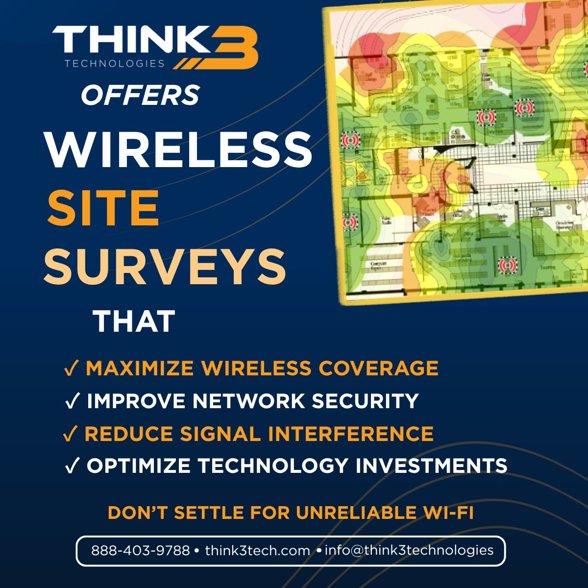 Think3Tech_'s tweet photo. Is your Wi-Fi delivering the performance your business needs?
Our Wireless Site Survey identifies coverage gaps and  vulnerabilities to ensure your network is reliable, secure, and optimized.
Stop guessing. Let Think3 provide the insights you need for a stronger wireless network. https://t.co/ETQPjT6Hoa