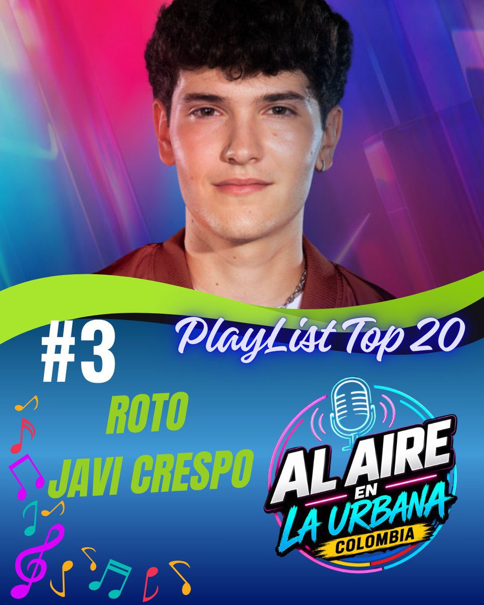 vrichis's tweet photo. ¡Concentración total de votos en nuestro PUESTO 3 de la #PlaylistTop20 de Colombia! ¡Queremos asaltar el número 1! 🏆💔

Mi voto diario es para seguir subiendo con Roto de javicrespo 

#YoEscuchoLaUrbana https://t.co/cukXSjObw8