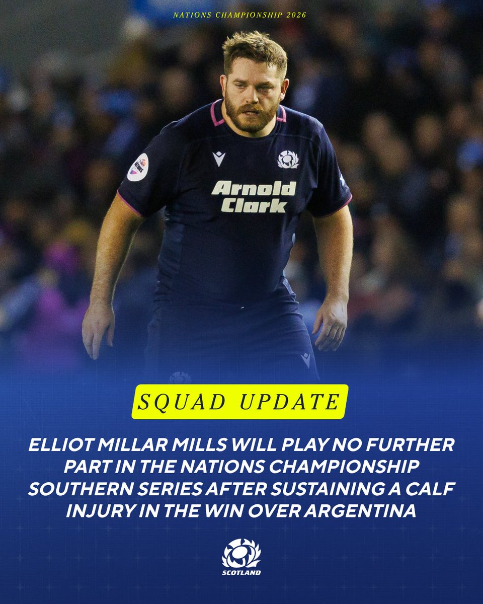 Scotlandteam's tweet photo. Elliot Millar Mills has returned home following his injury against Argentina, and will miss the rest of the Nations Championship Southern Series 🏴󠁧󠁢󠁳󠁣󠁴󠁿

#AsOne https://t.co/VsxelFRPEN