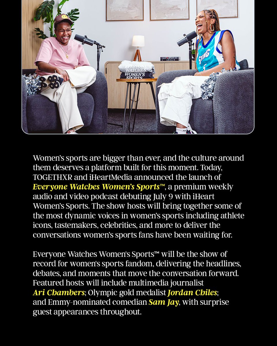 togethxr's tweet photo. Together with @ariivory, @SamJayComic, and @ChilesJordan, we’ll cover the biggest headlines, hottest debates, and the conversations women’s sports fans have been waiting for 🎙️ @EveryoneWatches 

Learn more about the launch here: https://t.co/0ahBr1ZFtY https://t.co/DkbGaznujo