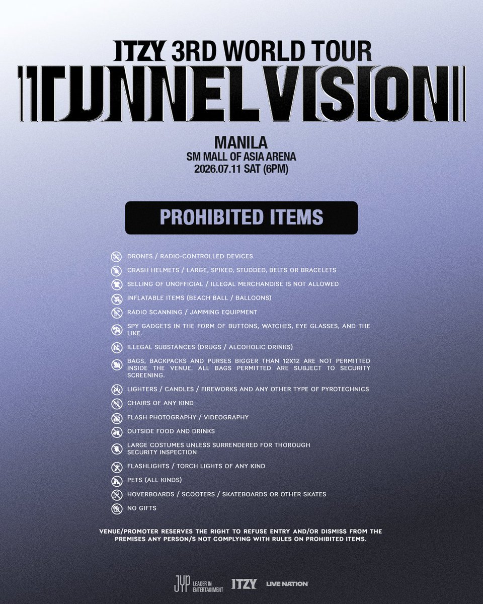 livenationph's tweet photo. 📣Concert Reminder!

Check the list of prohibited items before show day to avoid any delays at the gates and enjoy a smoother entry experience.

#ITZY #MIDZY
#ITZY_TUNNELVISION
#ITZY_TNVS
#ITZY_WORLD_TOUR https://t.co/EVnHwU4h1H