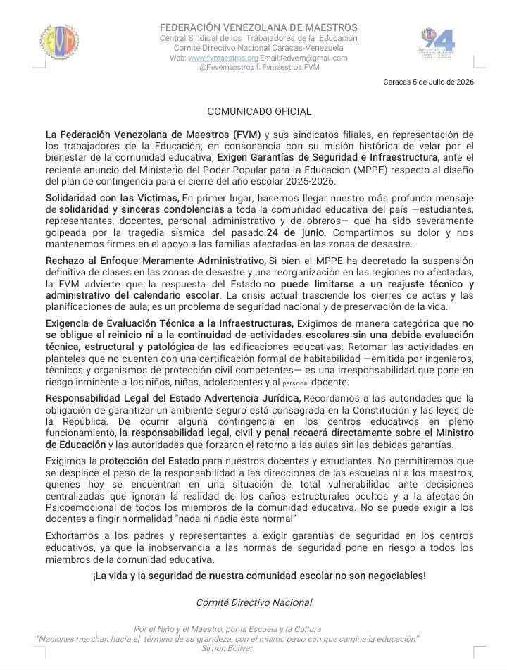 ObservatorioVLS's tweet photo. Federación Venezolana de Maestro exige garantías de seguridad e infraestructura ante eñ anuncio del MPPE para el cierre del año escolar. No permitamos que la improvisación, irresponsabilidad y autoritarismo cobren más vidas en Venezuela https://t.co/RbcHJOmEon