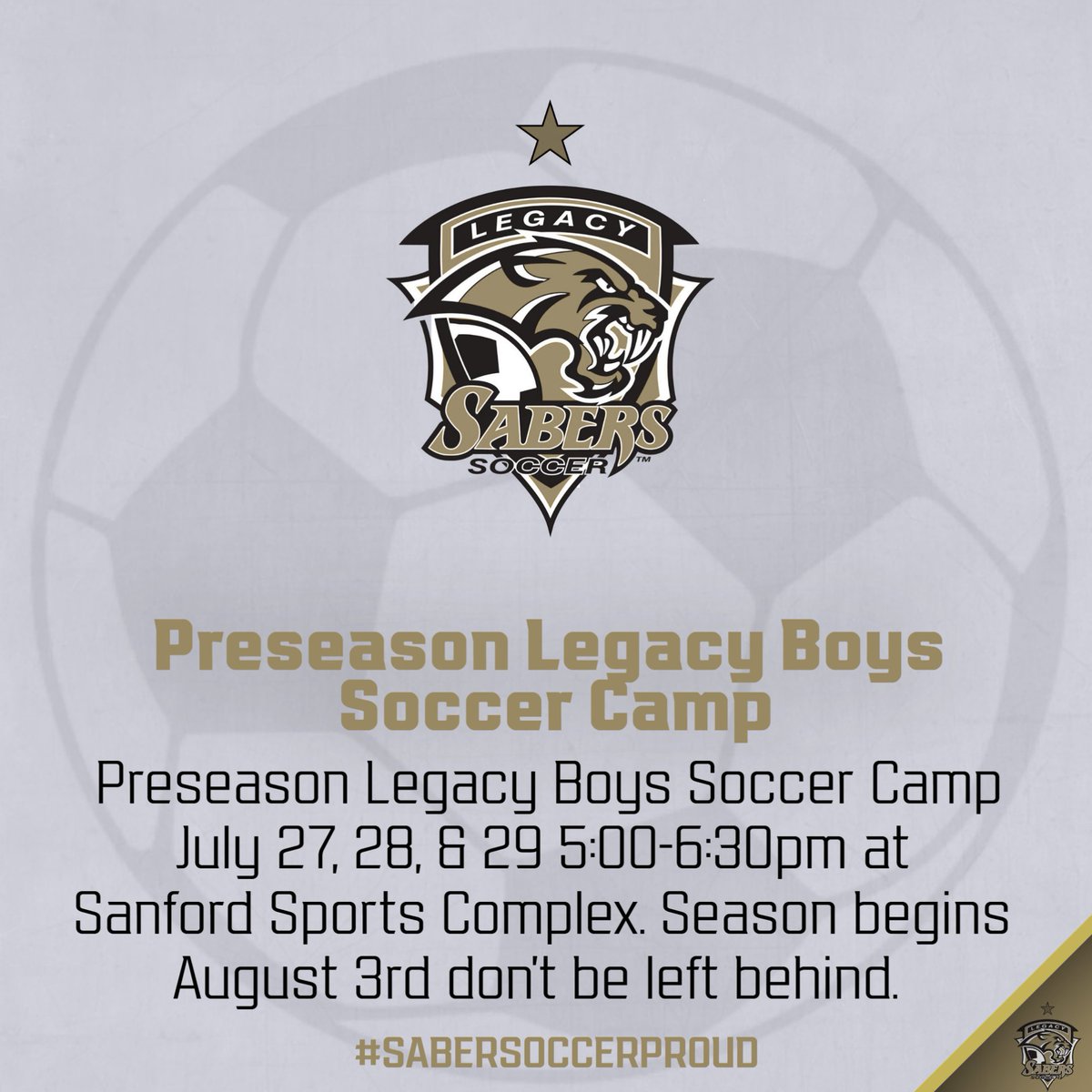 SimleSoccer's tweet photo. Preseason Legacy Boys Soccer Camp July 27, 28, &amp; 29 5:00-6:30pm at Sanford Sports Complex. Season begins August 3rd don't be left behind. https://t.co/9N0gWmH8yE