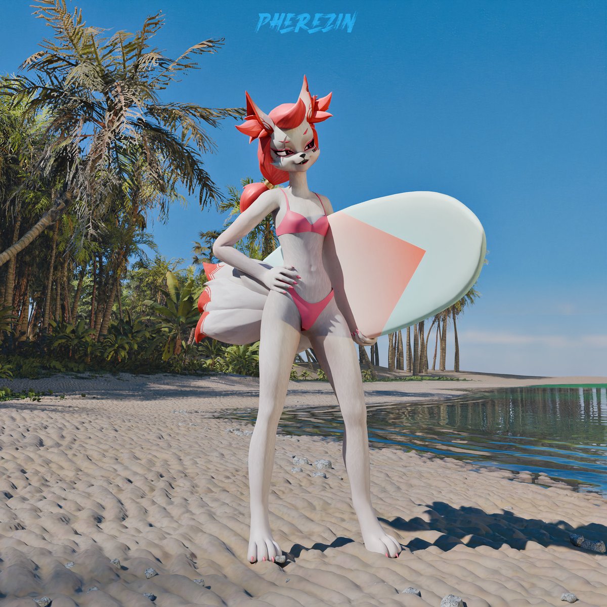 Pherezin's tweet photo. Surfer Kimiko! I’ve been pretty busy working on a VTuber project and a custom scene for my portfolio so I have been pretty gone because of it! Enjoy this adorable kitsune in her swimwear c:

#furry #fortnite #kimikofivetails #furrycommunity #furryart https://t.co/d6Y14c8n1c