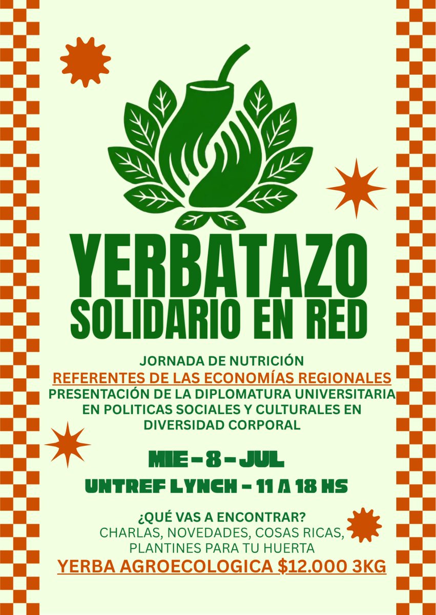 APUNTREF's tweet photo. Este  8/7 desde las 11hs te esperamos en la Sede Lynch para el primer Yerbatazo.
Vamos a debatir sobre las condiciones de los circuitos alimentarios locales y regionales en la producción distribución y comercialización de la yerba, bajo el marco de la soberanía alimentaria. https://t.co/NsjZwUPHFg