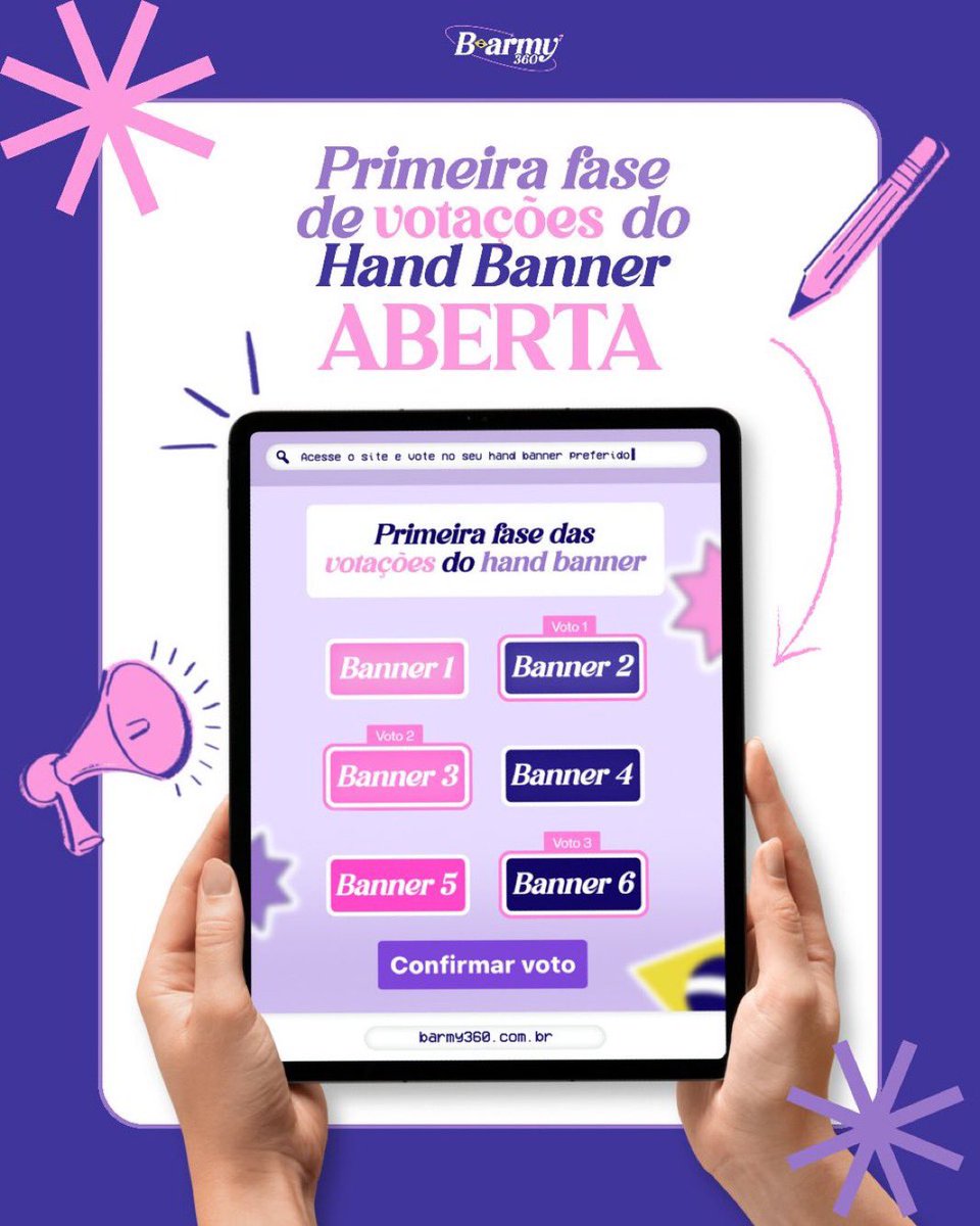 BARMY_360's tweet photo. 🗳️ VOTAÇÕES ABERTAS! 

Escolha as artes dos Hand Banners para os shows do BTS no 🇧🇷. 💜 

Vote em até 6 artes por frase (18 no total), confirme no fim da página e acompanhe os votos em tempo real. 

📅 Até 11/07, 23h59. 

🔗 https://t.co/rvlq7uw50p

 #BARMY360 #BARMY360HandBanner https://t.co/3W2TNZlRc5