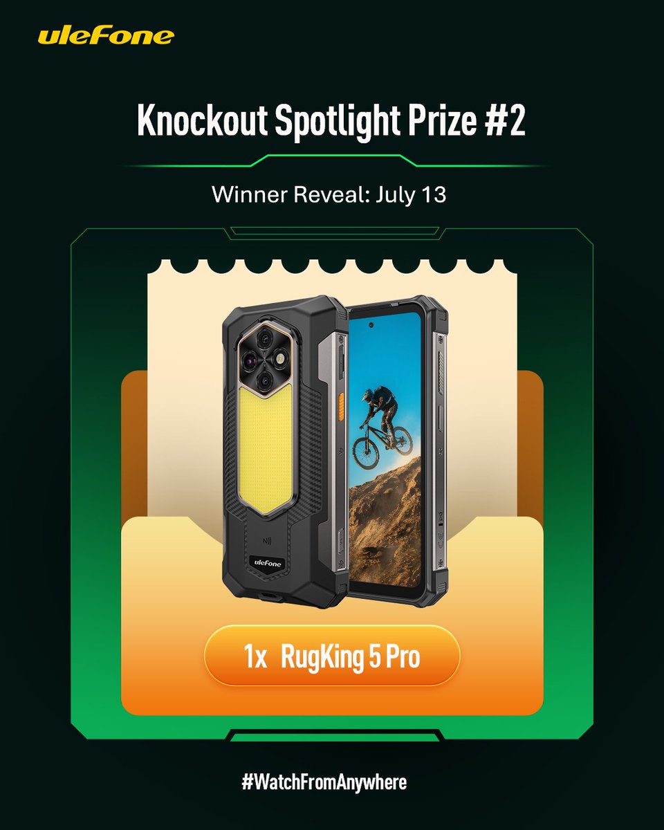 UlefoneMobile's tweet photo. ⚽ Knockout stage, BIGGER prize continues!
The next #WatchFromAnywhere Spotlight Pick will win the #UlefoneRugKing5Pro 🎁

Winner Reveal: July 13

Keep sharing your match-day energy, watch setup, reaction, or celebration for a chance to be selected.
Check out our pinned post for how to join.

#Ulefone #WatchFromAnywhere #RugKing5Pro