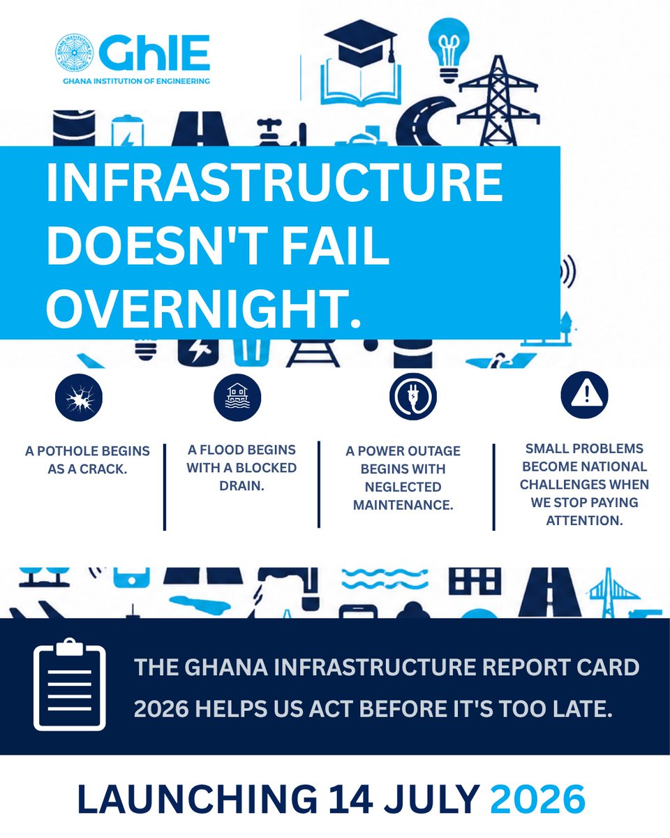 Official_GhIE's tweet photo. Infrastructure doesn't fail overnight.
A crack becomes a pothole.
A blocked drain becomes a flood.
Deferred maintenance becomes a crisis.
The conversation starts before the failure.
📅 14 July 2026
#InfrastructureMatters #GIRC2026 #Engineering https://t.co/EbCyAtqpQ4