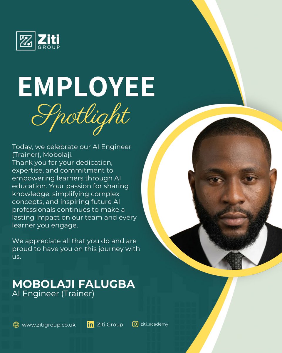 Zitigroup's tweet photo. Behind every confident AI learner is a trainer who is passionate about making complex concepts practical, engaging, and accessible.

Today, we are celebrating Mobolaji, our AI Engineer (Trainer)🎉, whose dedication to teaching, mentoring, and empowering learners continues… https://t.co/wEDLexagoB