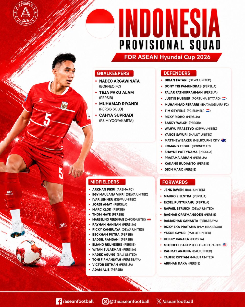 theaseanball's tweet photo. 🇮🇩 INDONESIA PROVISIONAL SQUAD FOR ASEAN CHAMPIONSHIP 2026

Indonesia have taken the first step towards the ASEAN Championship 2026, with head coach John Herdman announcing an extended 50-player squad for the upcoming training camp in Bali.

#Indonesia #Garuda https://t.co/5fyLepJVQm