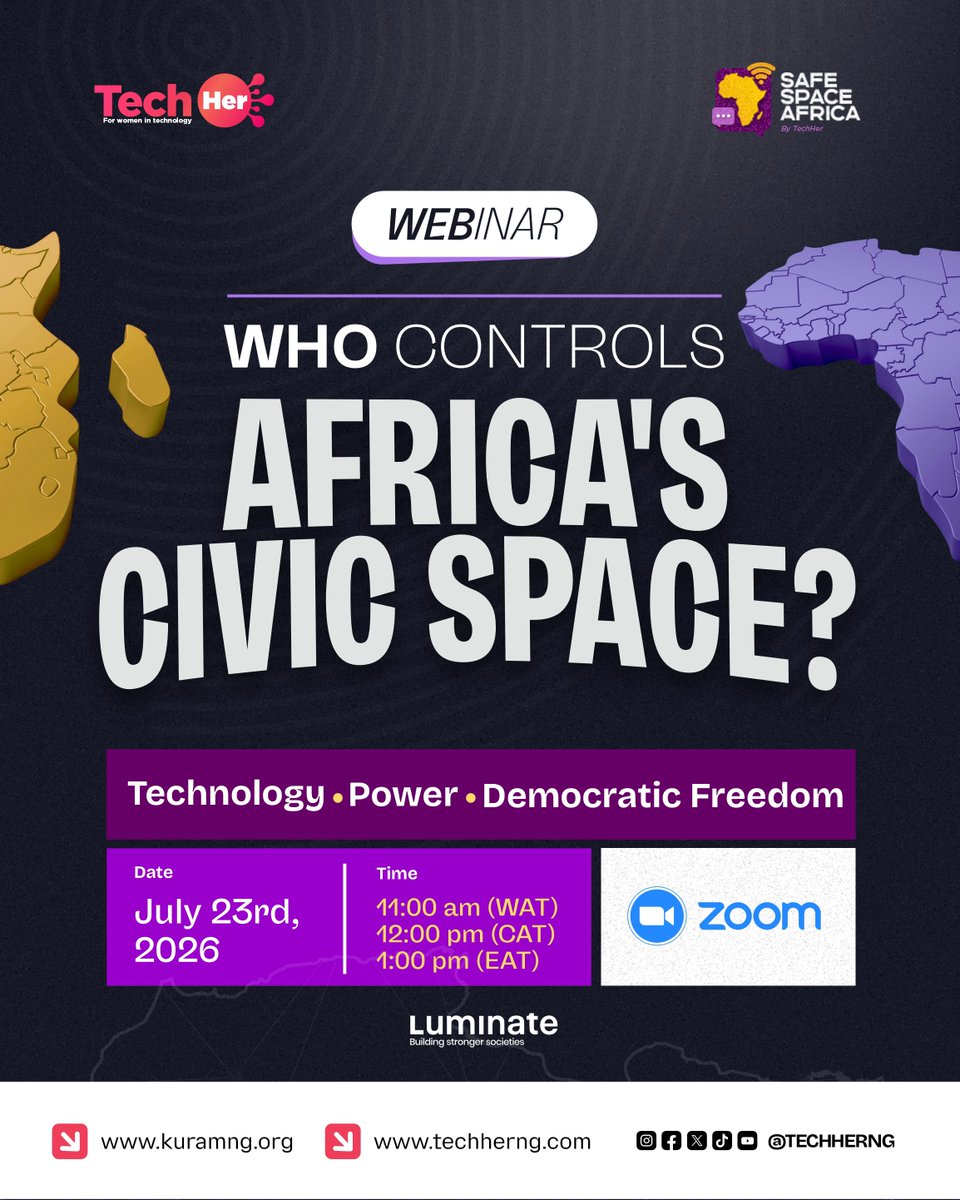 TechHerNG's tweet photo. Who decides who gets a voice? 

Across Africa, the space for citizens to speak up, protest, and organise is shrinking. Between shifting policies and digital surveillance, the question isn’t just about how we speak; it’s about Who Controls Africa’s Civic Space?

If you care about human rights, activism, and the future of African democracy, you need to be in this room.

Join Safe Space Africa for a live, unfiltered panel discussion on power, control, and how citizens are fighting back to reclaim their freedoms.

Date: July 23, 2026
Time: 11:00am WAT
Register Here: https://t.co/hQuC9UXygw

#SafeSpaceAfrica #CivicSpace #AfricaRising #Activism