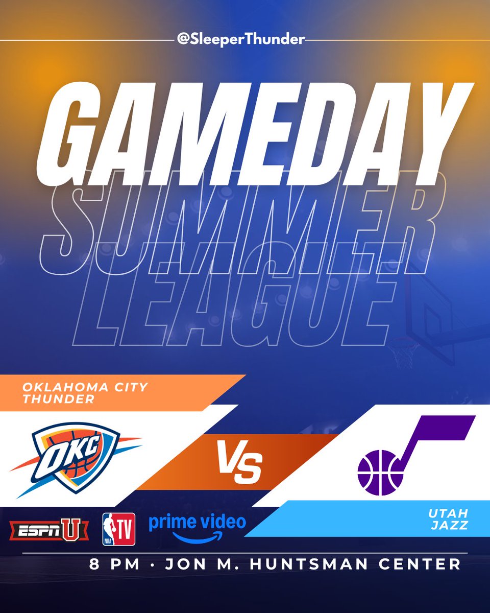SleeperThunder's tweet photo. SUMMER LEAGUE GAMEDAY!!! 

Aday Mara and the Summer Thunder (0-2) take on Darryn Peterson and the Summer Jazz (2-0) as OKC looks to secure its first win in Salt Lake City. 

⏰: 8:00PM CT
🆚: @SleeperJazz 
🏟️: Jon M. Huntsman Center 
📺: ESPNU/NBATV/Prime Video

#ThunderUp https://t.co/Fnfog1iWwV