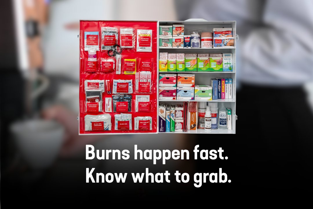 RedicareDirect's tweet photo. A hot coffee spill can become a first aid situation in seconds. That’s why workplace first aid should be built around real situations, not just a generic supply list. Supplies like burn dressings and non-adherent dressings have a purpose, but employees need to know what they are https://t.co/Y9LnwGDtAl
