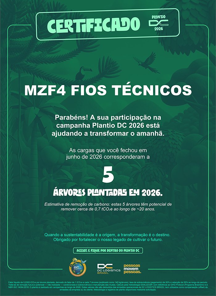 mzf4_group's tweet photo. At #MZF4, we believe that small actions, when combined, create meaningful change. We are proud to have received the Plantio DC 2026 campaign certificate from DC Logistics Brasil, recognizing partner companies that support #reforestation and environmental preservation initiatives. https://t.co/aEAcpP2r2q