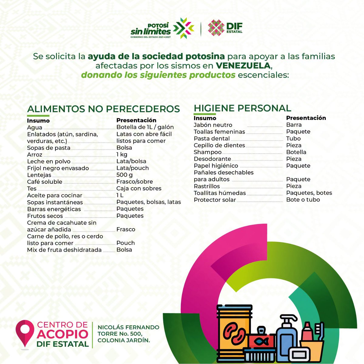 DIFEstatalSLP's tweet photo. El SEDIF convoca a la sociedad potosina a sumarse a la colecta de ayuda humanitaria que, a través del SNDIF, será enviada para apoyar a las familias afectadas por los recientes terremotos en Venezuela.

#DIFEstatal #RicardoGallardoCardona #AyudaHumanitaria #ElCambioQueSeVive https://t.co/DhTV2LDPeY
