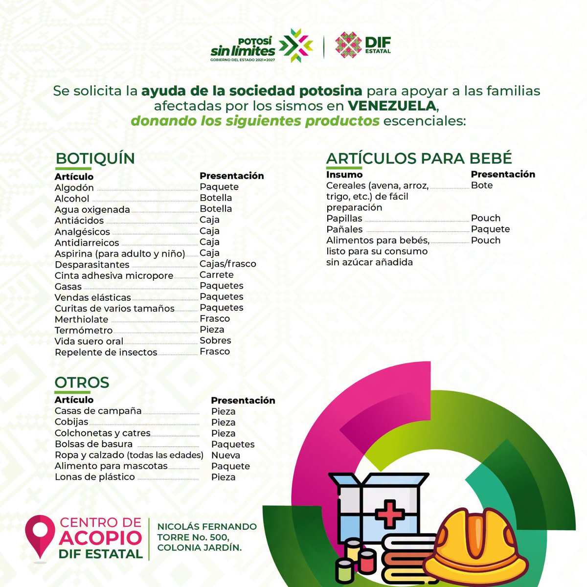 DIFEstatalSLP's tweet photo. El SEDIF convoca a la sociedad potosina a sumarse a la colecta de ayuda humanitaria que, a través del SNDIF, será enviada para apoyar a las familias afectadas por los recientes terremotos en Venezuela.

#DIFEstatal #RicardoGallardoCardona #AyudaHumanitaria #ElCambioQueSeVive https://t.co/DhTV2LDPeY