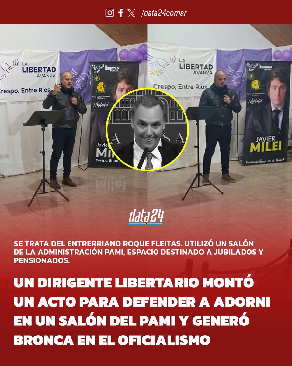 Data24comar's tweet photo. 🔴  Entre Ríos | Un dirigente libertario montó un acto partidario en un salón del PAMI para defender a Adorni

La delegación de jubilados quedó en el centro de la polémica por el uso de un espacio estatal con fines proselitistas, algo que irritó al propio oficialismo y podría derivar en sanciones.
-
📌 Leé la nota 👉   https://t.co/pkeWMxIKGT