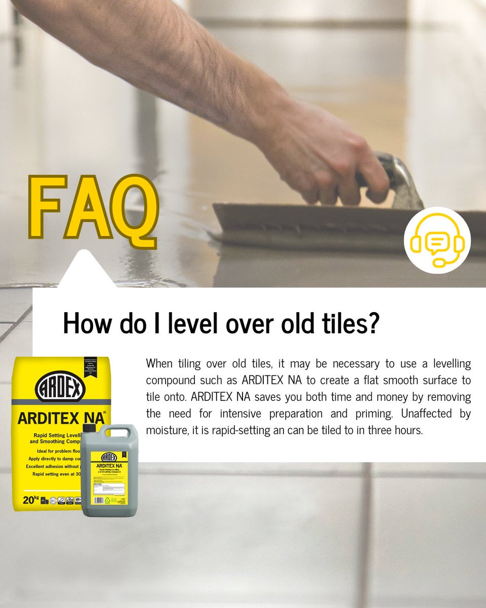ARDEXUKTiling's tweet photo. You asked, we answered 💫

How do I level over old tiles? 🤔 You need ARDITEX NA 👇

Find out below - or search for info on our HelpDesk - https://t.co/eYwLulgeBv

#Tiling #Tiles #HelpCentre #ARDITEXNA #HowTo #FAQ #FloorTiles #FloorTiling #Renovation #Flooring  #TilingHowTo https://t.co/2zO27ISiFC