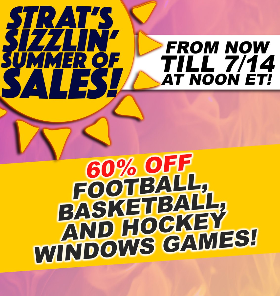 StratOMatic's tweet photo. The Strat Sizzlin' Summer Of Sales Continues!
SALE ENDS 7/14 AT NOON ET. DISCOUNT CANNOT BE APPLIED TO PREVIOUS PURCHASES. NO DISCOUNT CODE REQUIRED. https://t.co/7uEAgUvZCd