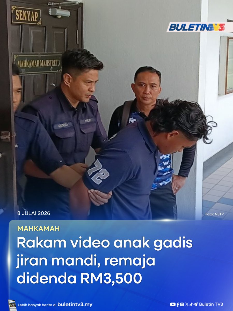 BuletinTV3's tweet photo. MAHKAMAH | Seorang remaja lelaki didenda RM3,500 oleh Mahkamah Majistret Ayer Keroh, di Melaka, atas kesalahan mengaibkan kehormatan seorang gadis dengan merakam video mangsa sedang mandi, tahun lalu.

#BuletinTV3 #Mahkamah #AyerKeroh #RakamVideo #VideoMandi https://t.co/YnbWgdbCli