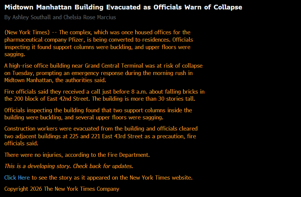 doggedtenacity's tweet photo. Midtown Manhattan Building Evacuated as Officials Warn of Collapse
By Ashley Southall and Chelsia Rose Marcius #office #resi #midtown #cre https://t.co/QwpzCjo0kE