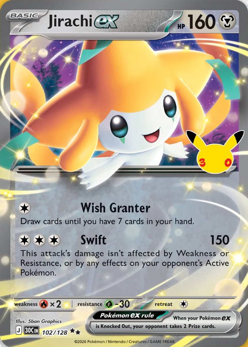 Bulbanews's tweet photo. New Jirachi ex card from the upcoming 30th Celebration expansion unveiled in celebration of Tanabata https://t.co/tb5xJbNGJ0 #pokémon https://t.co/eKq12t89Q7