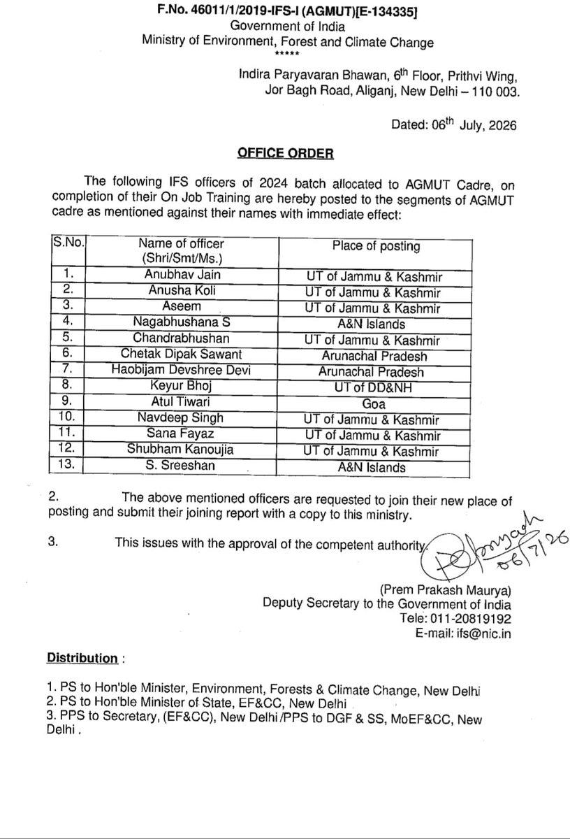 FaheemTak's tweet photo. The following IFS officers of 2024 batch allocated to AGMUT Cadre, on completion of their On Job Training are hereby posted to the segments of AGMUT Cadre as mentioned against their names with immediate effect. https://t.co/uXAdjQwFWg