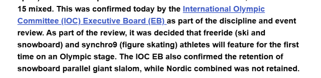 SimSimWissgott's tweet photo. The IOC has spoken. Alpine snowboard stays, Nordic combined is out. Yikes. 
#ioc #olympics #nordiccombined #snowboard https://t.co/YgW30K6EXk