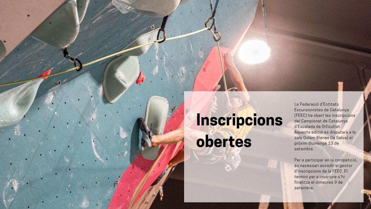 FEEC_cat's tweet photo. ✅ Obertes les inscripcions del Campionat de Catalunya d'Escalada de Dificultat.
🗓️ 13 de setembre
📍 Sala Golem Blanes
🔗https://t.co/OC4cCs3z4g
#sentlamuntanya #sommuntanya #escaladafeec https://t.co/Xjgz6YJOBK