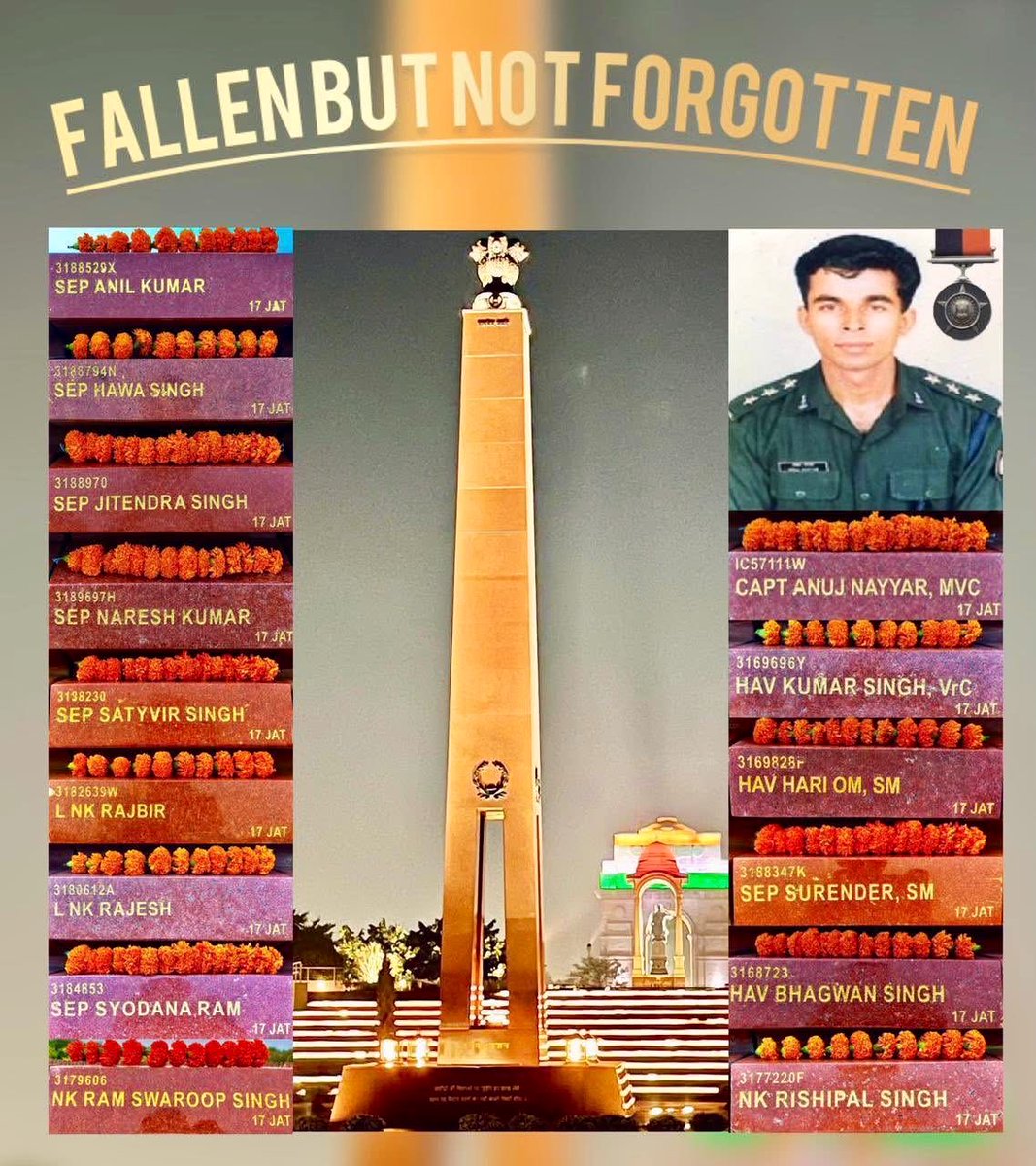 priority_n's tweet photo. Homage to

Capt Anuj Nayyar, MVC
Hav Bhagwan Singh Dagur, MD
Hav Kumar Singh Sogarwal, VrC
Hav Hariom Singh Dhariwal, SM
NK Rishipal Singh Dagar, MD
LNK Ramsrwoop Munadia, MD
LNK Rajesh Jakhar, MD
LNK Rajvir Singh Sorot
Sep Shyodana Ram Bijarnia
Sep Satyaveer Singh
Sep Surendra Singh Sheoran
Sep Anik Kumar Tomar
Sep Hawa Singh Rojadia
Sep Jitendra Singh Solanki
Sep Naresh Kumar

They all of 17 Jat Regiment were immortalized on 7 July 1999 in 
Operation Vijay during #KargilWar .
#KnowYourHeroes