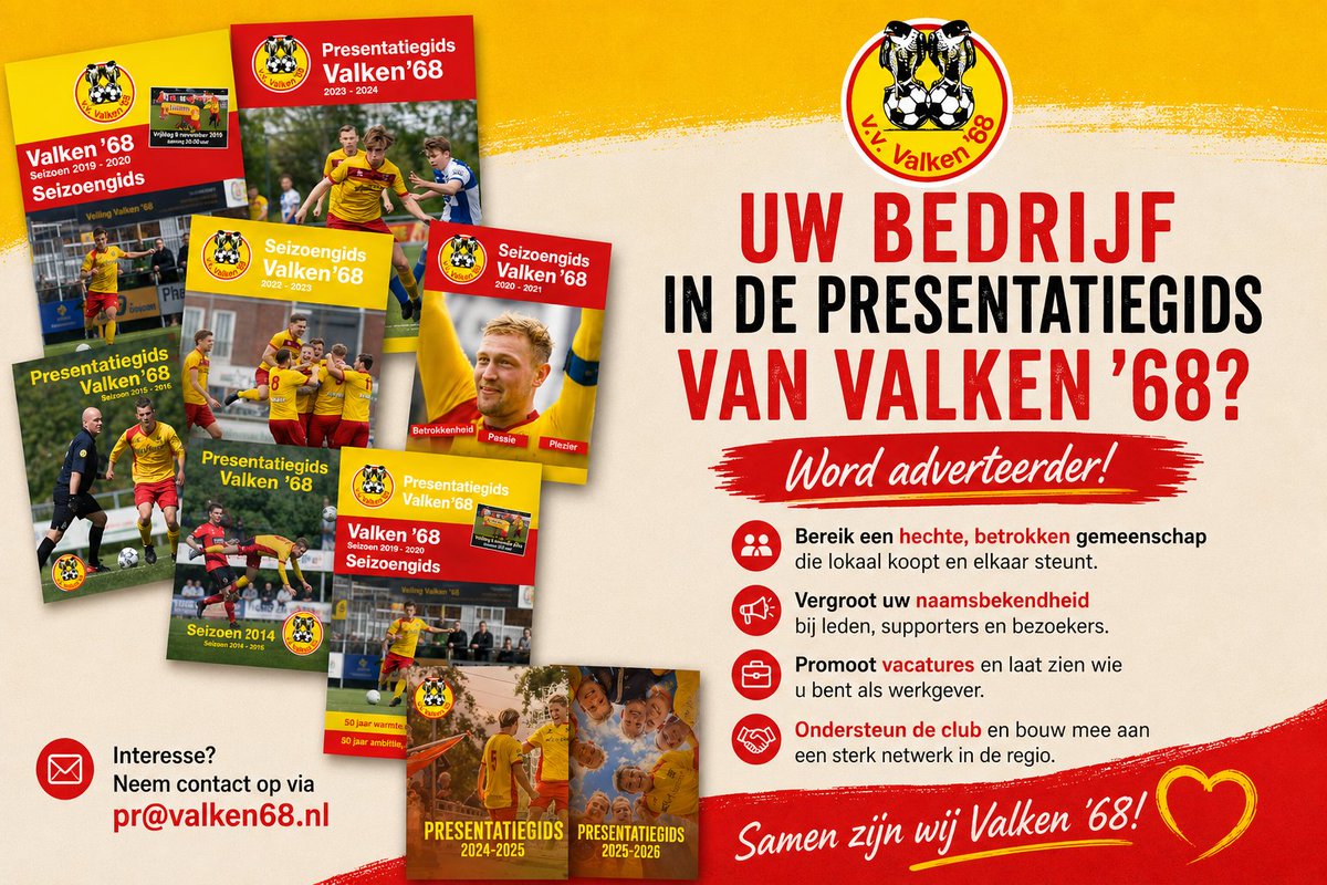Valken68's tweet photo. 📖 Zet uw bedrijf in de schijnwerpers! Bereik een hechte en betrokken gemeenschap, vergroot uw naamsbekendheid én breng vacatures onder de aandacht in de Presentatiegids 2026/2027 van Valken ’68. Interesse? Mail naar pr@valken68.nl. 💛❤️ https://t.co/570AUdwSd6