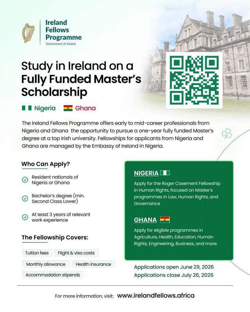 UcheOseJobs's tweet photo. Ireland Fellows Programme fully funded master’s Scholarship for Nigerians and Ghanians. https://t.co/26CkQz4Kw9