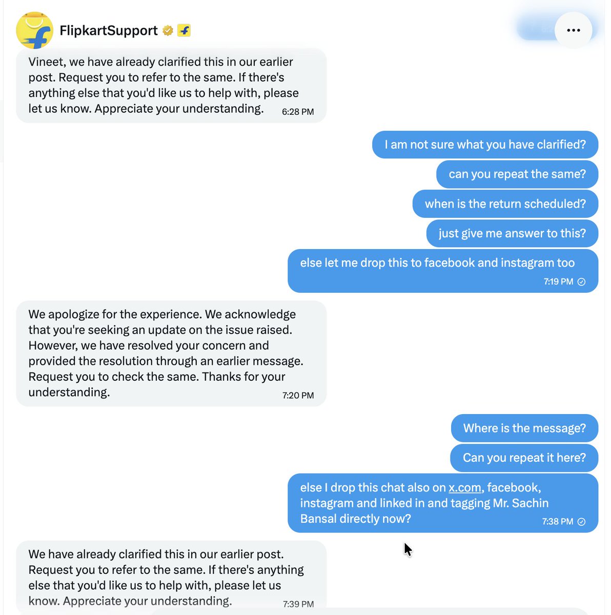 om_vineet's tweet photo. Dear @_Kalyan_K ,
Despite repeated follow-ups, I'm only getting the same copy-paste responses from @flipkartsupport (see attached). This is a straightforward return request arising from your failure to provide timely installation. Please help resolve this issue. https://t.co/jfSjAHaVgA