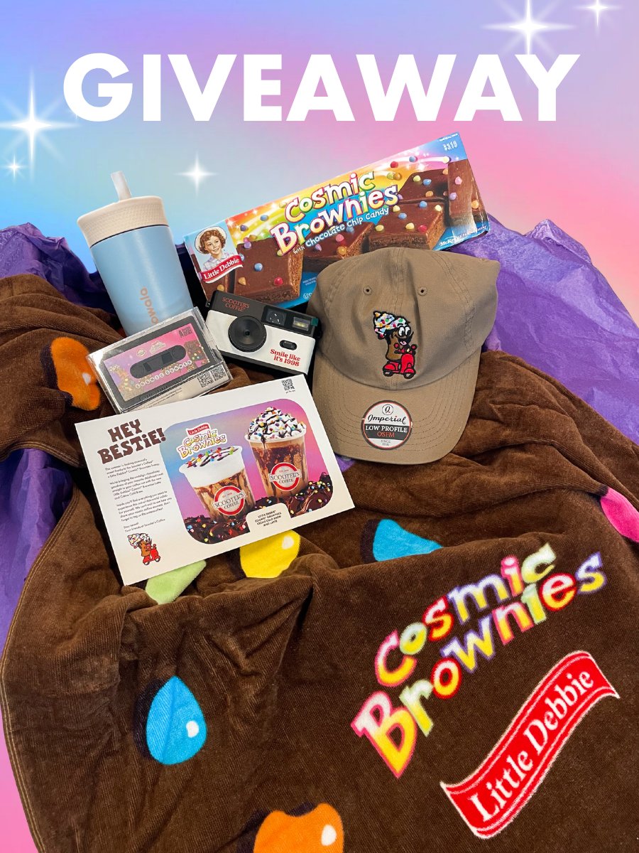 scooterscoffee's tweet photo. A collab this sweet? It's totally cosmic. 💫🍫🌕 Enter for your chance to win 1 of 5 Scooter's Coffee® x Little Debbie® Cosmic® Brownies PR boxes on our Instagram! ✨🪐 https://t.co/T3dsHsdcmP