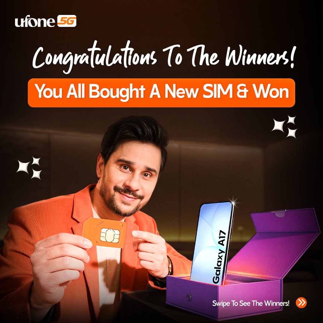 Ufone's tweet photo. New SIM, new rewards! Congratulations to all the lucky winners who bought a Ufone SIM and won a brand-new Samsung Galaxy A17.

#Ufone5G #NewSIM #GalaxyA17 #Congratulations #WinnerAnnouncement https://t.co/xXB57xtTNl